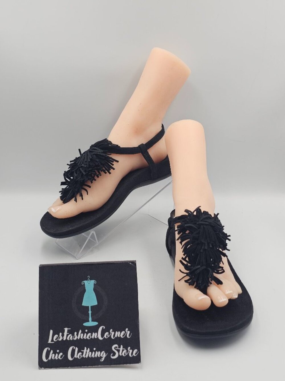 NWOB Vionic Women's Black Suede Sosha Boho Fringe Design Sandals Size 8 3762
